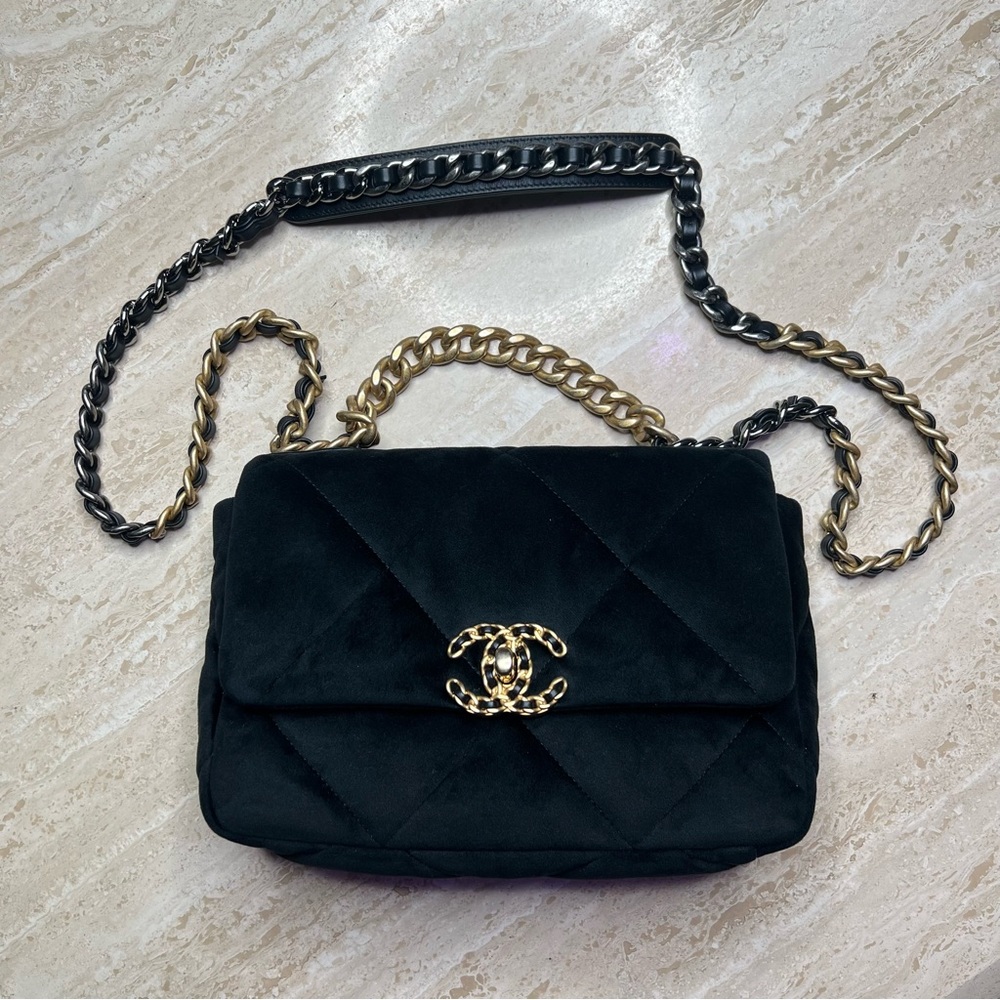 SOLD // Chanel 19 Small Velvet Black Flap Bag (2020)